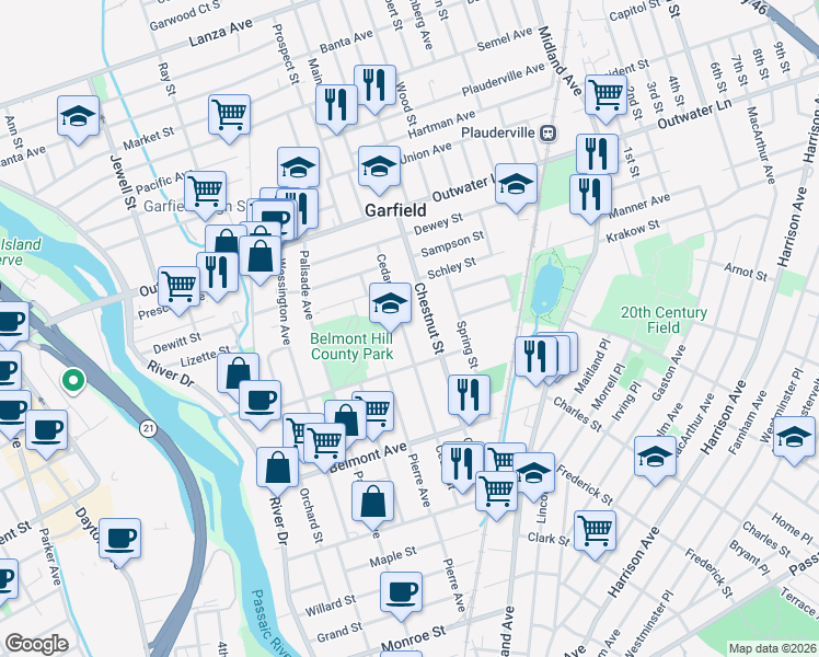 map of restaurants, bars, coffee shops, grocery stores, and more near 148 Cedar Street in Garfield