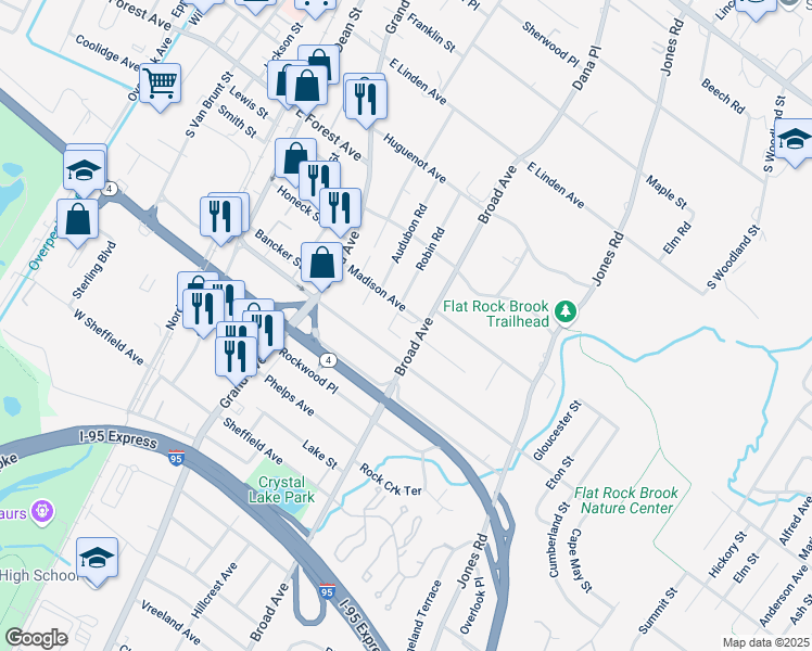 map of restaurants, bars, coffee shops, grocery stores, and more near 150 Madison Avenue in Englewood