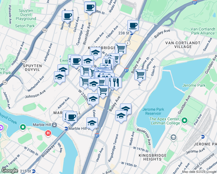 map of restaurants, bars, coffee shops, grocery stores, and more near 5604 Broadway in Bronx