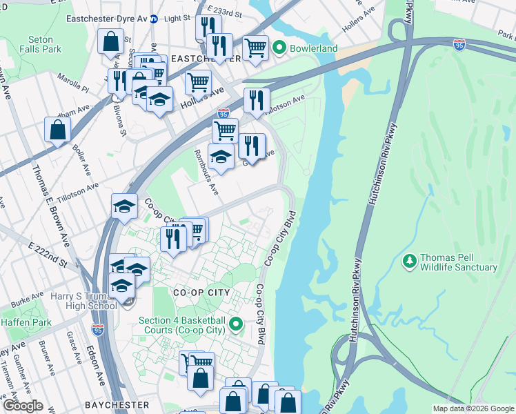 map of restaurants, bars, coffee shops, grocery stores, and more near 140 Casals Place in Bronx