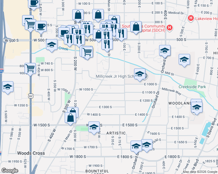 map of restaurants, bars, coffee shops, grocery stores, and more near 7 East 1000 South in Bountiful