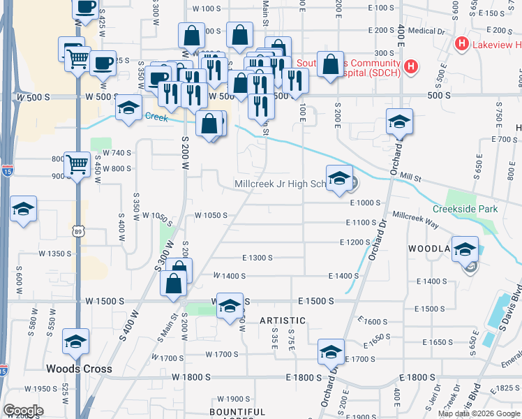 map of restaurants, bars, coffee shops, grocery stores, and more near 7 East 1000 South in Bountiful
