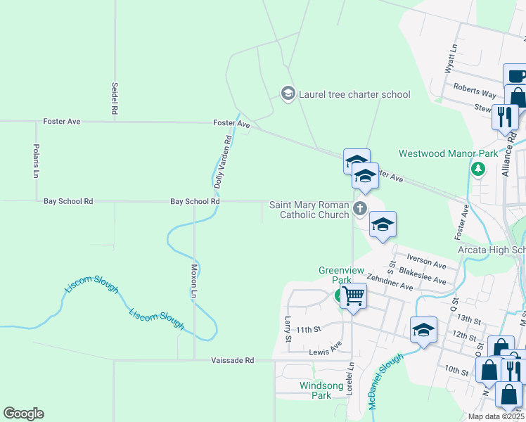 map of restaurants, bars, coffee shops, grocery stores, and more near 2817-2899 Bay School Rd in Arcata