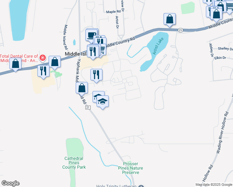 map of restaurants, bars, coffee shops, grocery stores, and more near 294 Artist Lake Drive in Middle Island