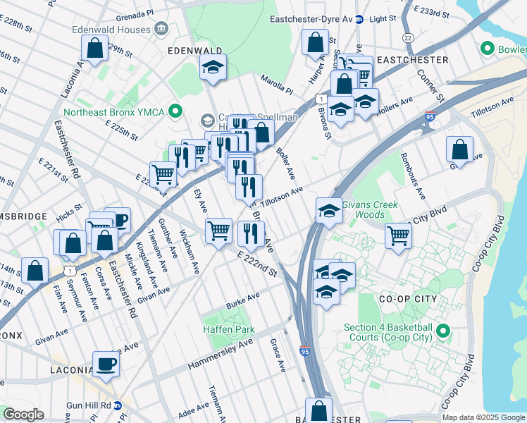 map of restaurants, bars, coffee shops, grocery stores, and more near 3400 Baychester Avenue in Bronx
