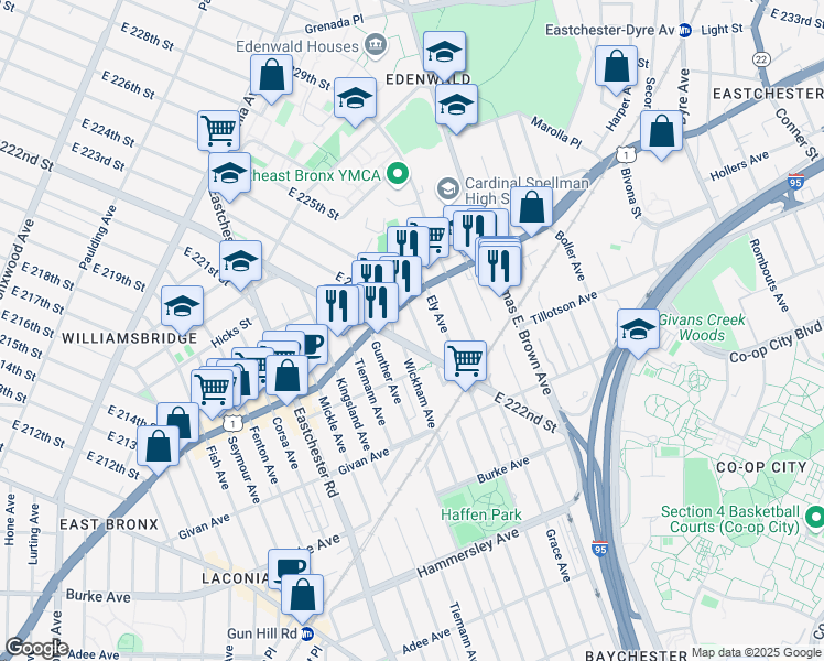 map of restaurants, bars, coffee shops, grocery stores, and more near 3636 Boston Road in Bronx