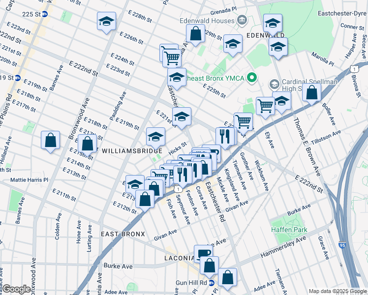 map of restaurants, bars, coffee shops, grocery stores, and more near 3575 Eastchester Road in Bronx