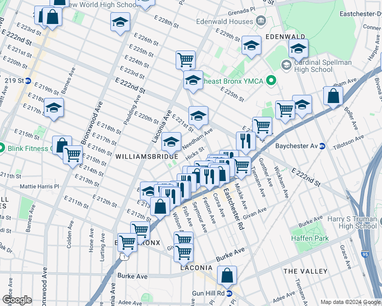 map of restaurants, bars, coffee shops, grocery stores, and more near 1459 Needham Avenue in Bronx