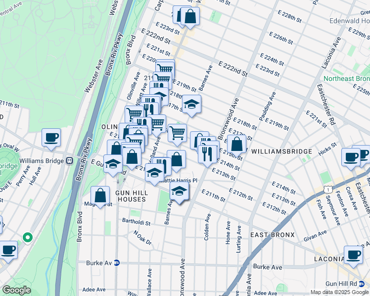map of restaurants, bars, coffee shops, grocery stores, and more near 3638 Barnes Avenue in Bronx