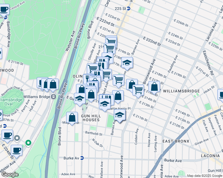 map of restaurants, bars, coffee shops, grocery stores, and more near 753 East 214th Street in Bronx