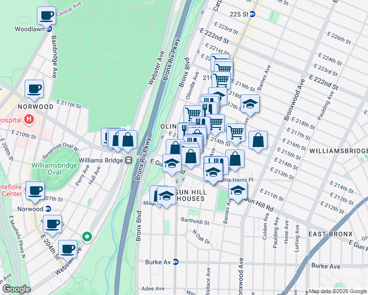 map of restaurants, bars, coffee shops, grocery stores, and more near 679 East 213th Street in Bronx