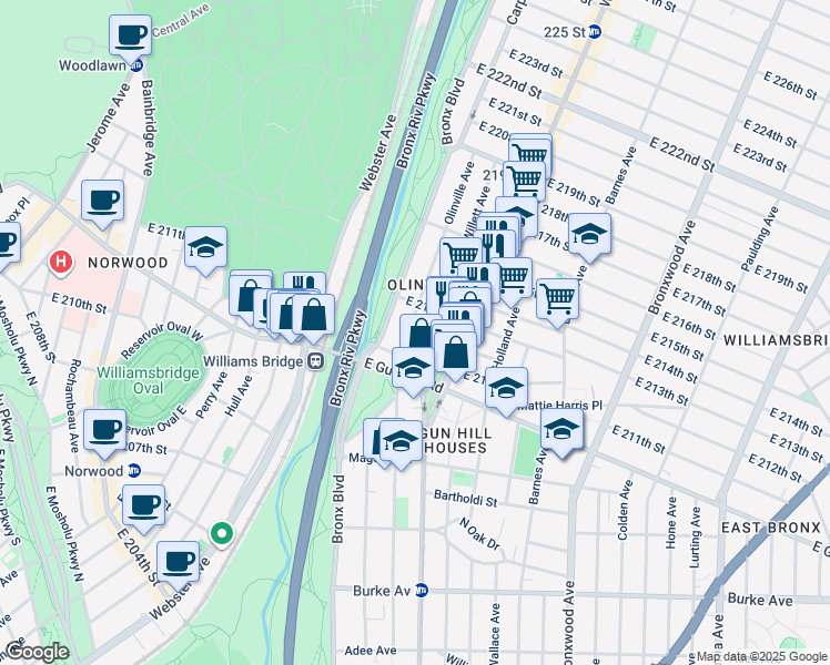 map of restaurants, bars, coffee shops, grocery stores, and more near 3559 Olinville Avenue in Bronx