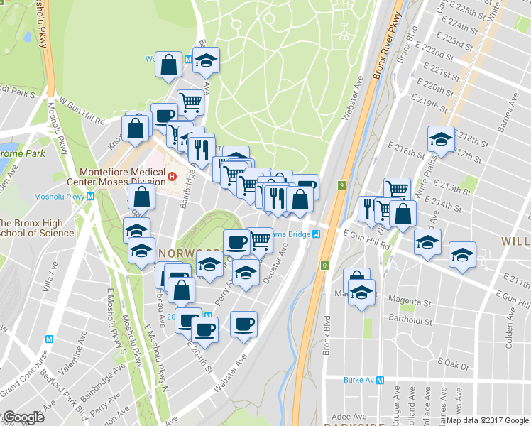 map of restaurants, bars, coffee shops, grocery stores, and more near 312 East Gun Hill Road in Bronx