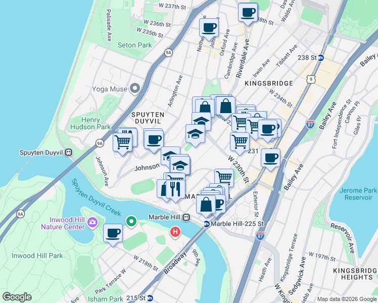 map of restaurants, bars, coffee shops, grocery stores, and more near 2975 Tibbett Avenue in The Bronx