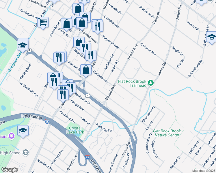 map of restaurants, bars, coffee shops, grocery stores, and more near 150 Madison Avenue in Englewood