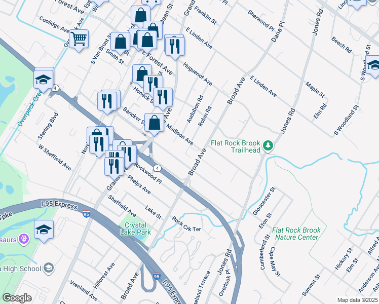 map of restaurants, bars, coffee shops, grocery stores, and more near 150 Madison Avenue in Englewood