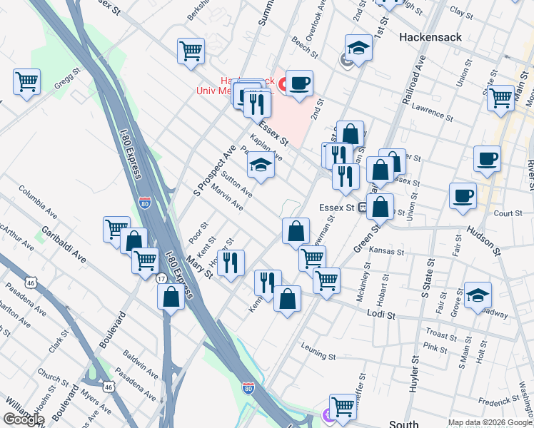 map of restaurants, bars, coffee shops, grocery stores, and more near 279 Sutton Avenue in Hackensack