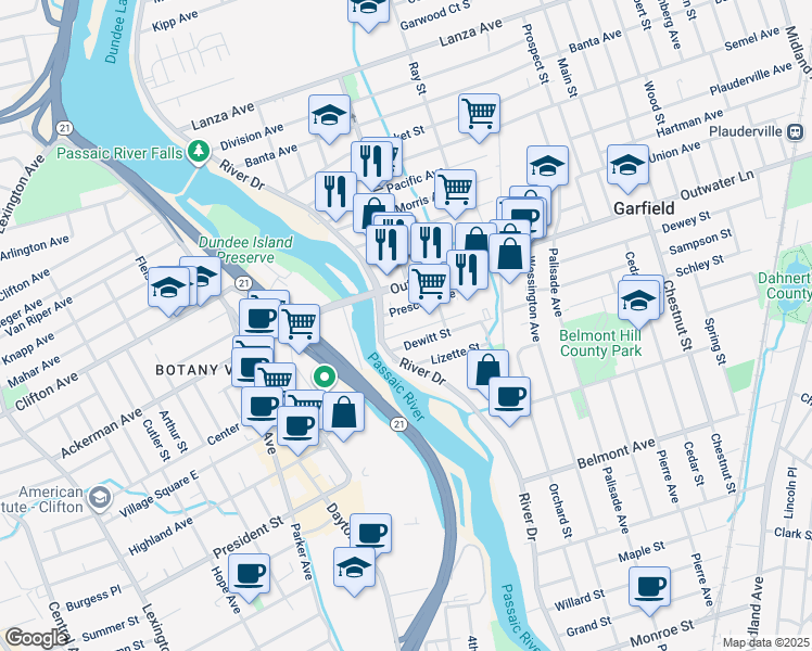 map of restaurants, bars, coffee shops, grocery stores, and more near 25 Prescott Avenue in Garfield