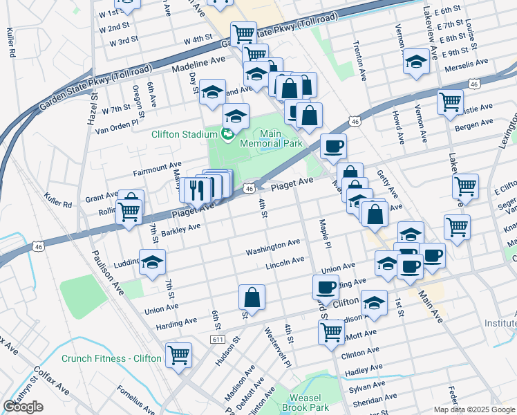 map of restaurants, bars, coffee shops, grocery stores, and more near 339 Piaget Avenue in Clifton