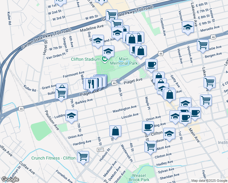map of restaurants, bars, coffee shops, grocery stores, and more near 339 Piaget Avenue in Clifton