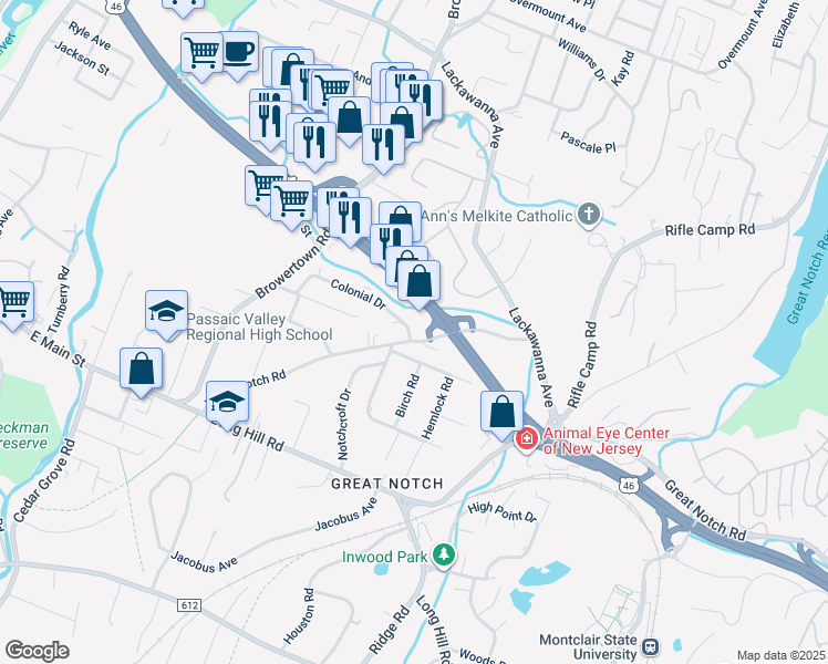 map of restaurants, bars, coffee shops, grocery stores, and more near 555 U.S. 46 in Little Falls