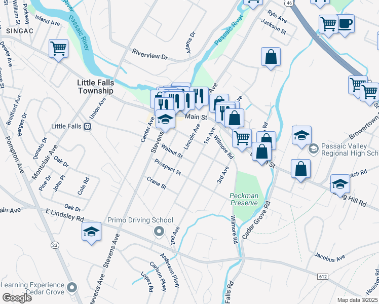 map of restaurants, bars, coffee shops, grocery stores, and more near 50 Lincoln Avenue in Little Falls