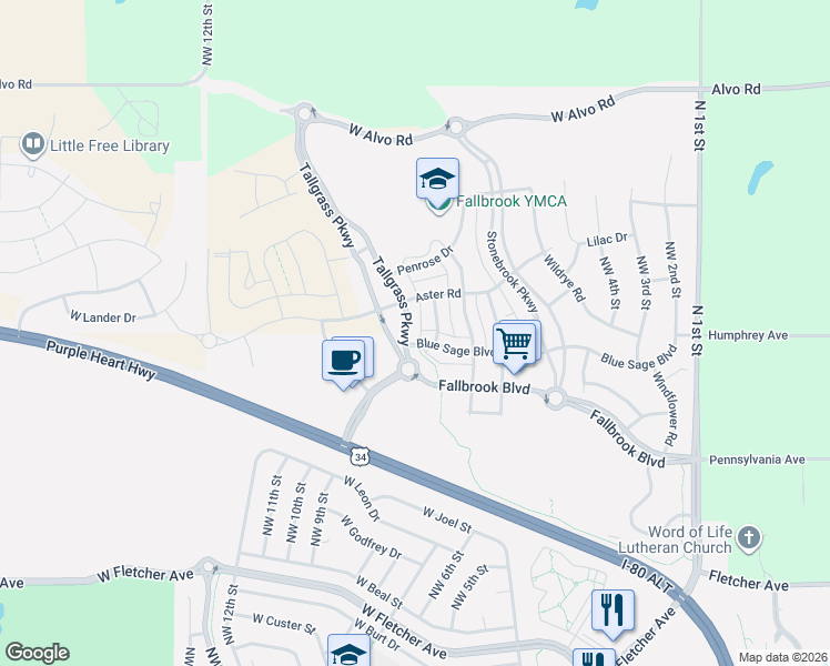 map of restaurants, bars, coffee shops, grocery stores, and more near 6727 Northwest 8th Street in Lincoln