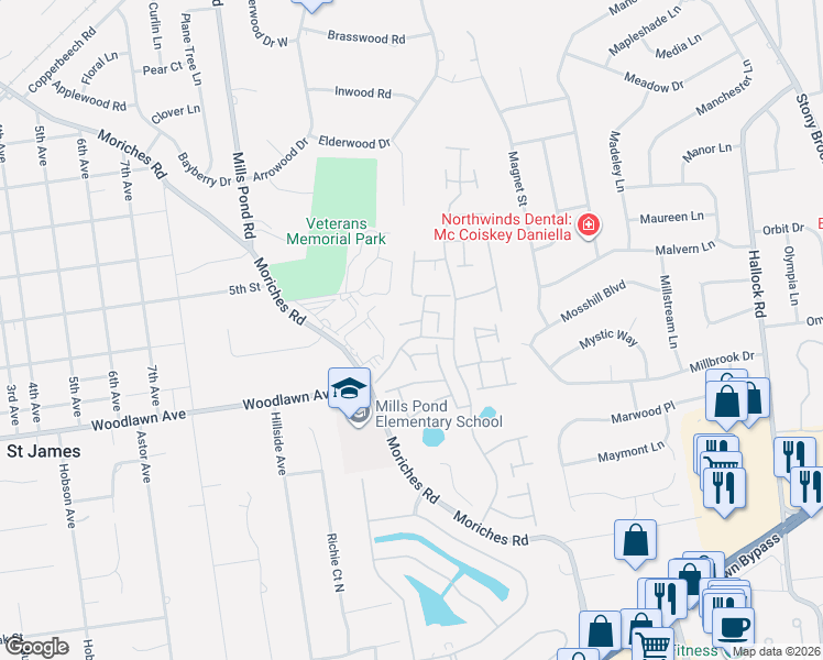 map of restaurants, bars, coffee shops, grocery stores, and more near 606 Flair Court West in Saint James
