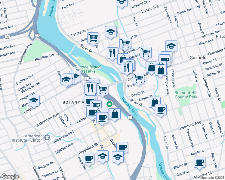 map of restaurants, bars, coffee shops, grocery stores, and more near 19-59 Ackerman Ave in Clifton