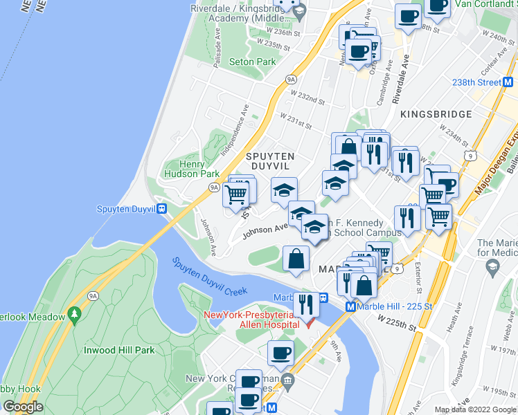 map of restaurants, bars, coffee shops, grocery stores, and more near 2622 Arlington Avenue in Bronx