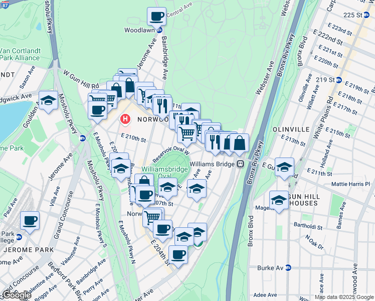 map of restaurants, bars, coffee shops, grocery stores, and more near 3400 Reservoir Oval East in Bronx