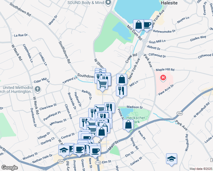 map of restaurants, bars, coffee shops, grocery stores, and more near 232 Wall Street in Huntington