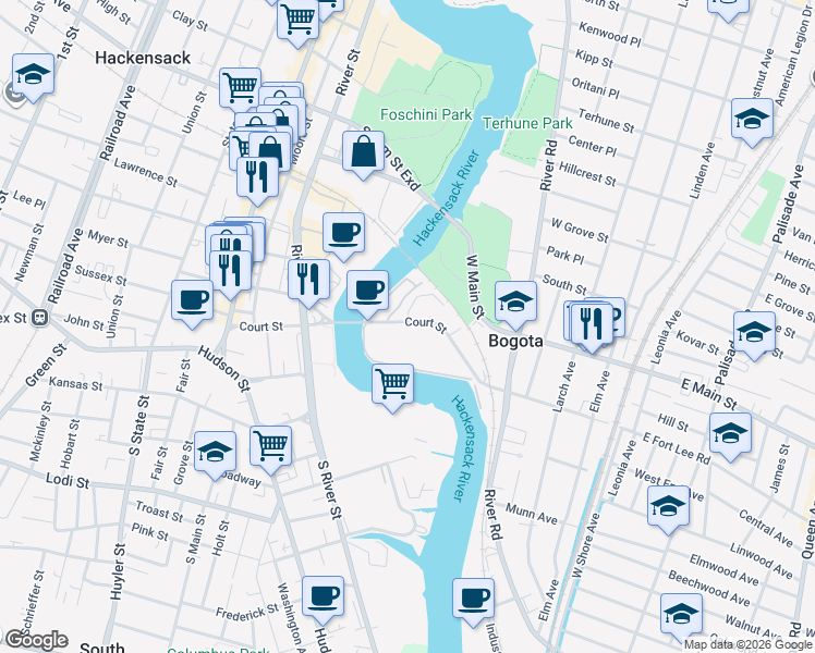 map of restaurants, bars, coffee shops, grocery stores, and more near 299 West Fort Lee Road in Bogota