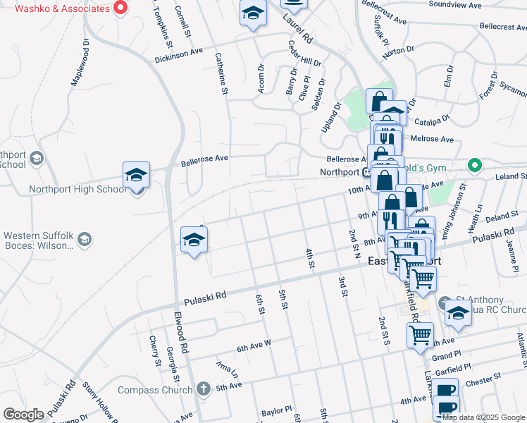 map of restaurants, bars, coffee shops, grocery stores, and more near 1700 5th Street in East Northport