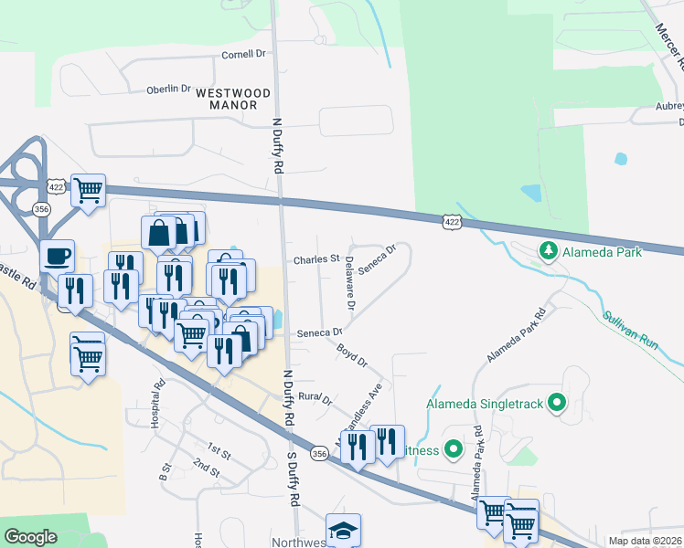 map of restaurants, bars, coffee shops, grocery stores, and more near 122 Charles Street in Butler