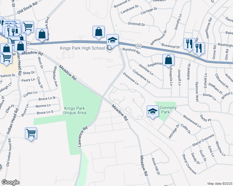 map of restaurants, bars, coffee shops, grocery stores, and more near 1 Lakebridge Drive South in Kings Park