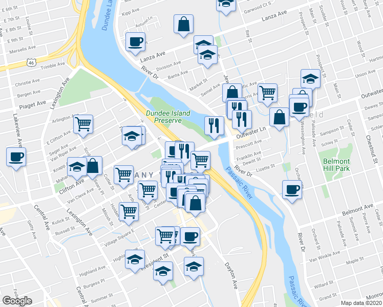 map of restaurants, bars, coffee shops, grocery stores, and more near 65 Outwater Lane in Clifton