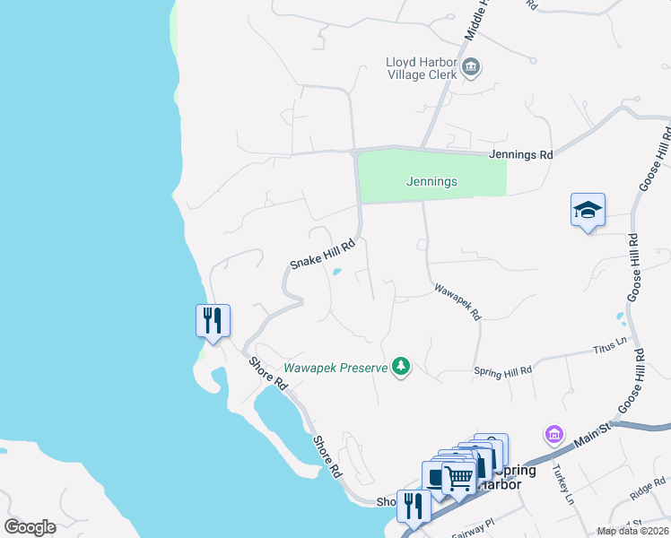 map of restaurants, bars, coffee shops, grocery stores, and more near 56 Snake Hill Road in Cold Spring Harbor