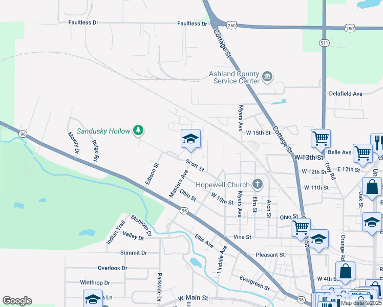 map of restaurants, bars, coffee shops, grocery stores, and more near 1202 Masters Avenue in Ashland