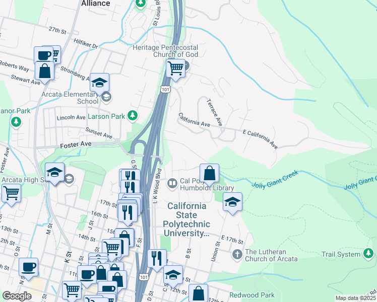 map of restaurants, bars, coffee shops, grocery stores, and more near 335 Laurel Drive in Arcata