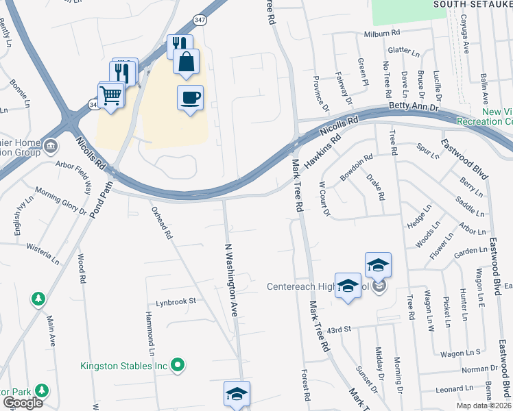 map of restaurants, bars, coffee shops, grocery stores, and more near 48 Hawkins Road in Centereach