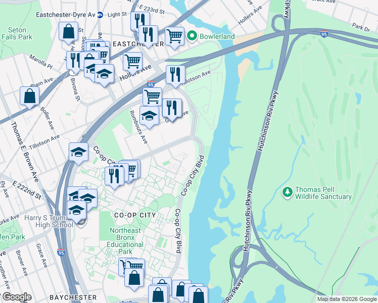 map of restaurants, bars, coffee shops, grocery stores, and more near 725 Co-Op City Blvd in Bronx