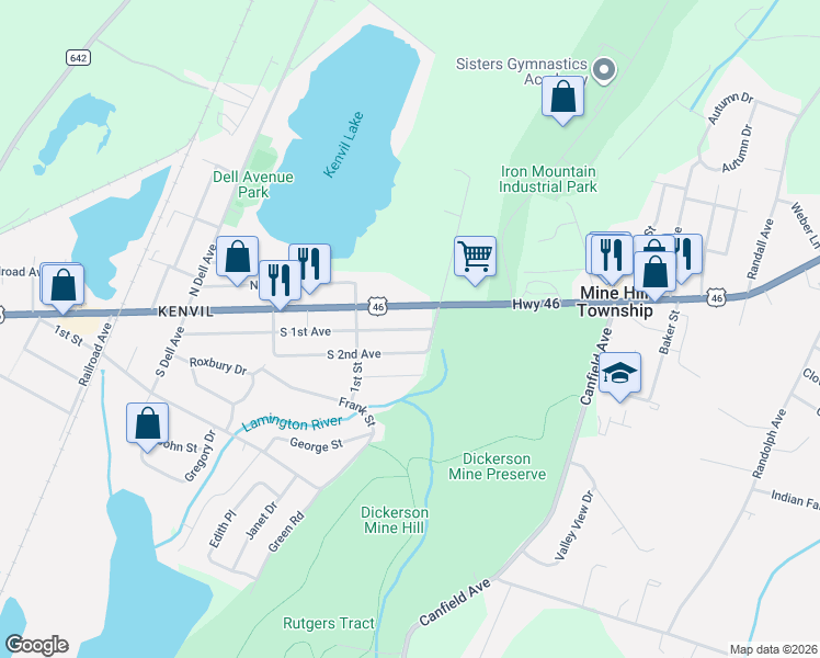 map of restaurants, bars, coffee shops, grocery stores, and more near 350 U.S. 46 in Mine Hill Township
