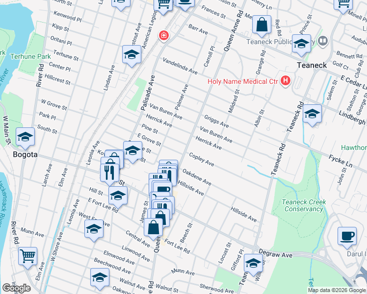 map of restaurants, bars, coffee shops, grocery stores, and more near 506 Queen Anne Road in Teaneck