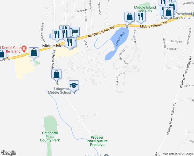 map of restaurants, bars, coffee shops, grocery stores, and more near 115 Artist Lake Drive in Middle Island