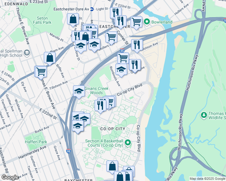 map of restaurants, bars, coffee shops, grocery stores, and more near 777 Co Op City Boulevard in Bronx
