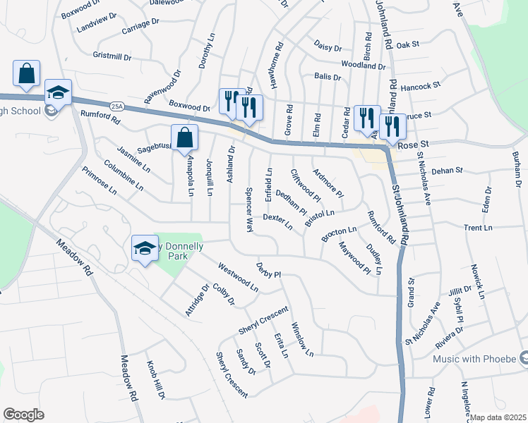map of restaurants, bars, coffee shops, grocery stores, and more near 29 Spencer Way in Kings Park