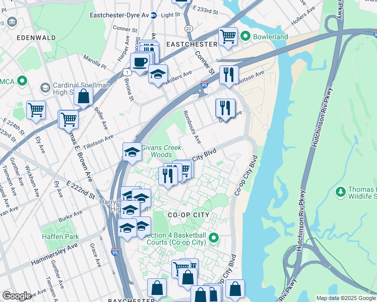 map of restaurants, bars, coffee shops, grocery stores, and more near 789 Co Op City Boulevard in The Bronx