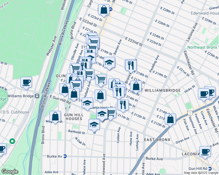 map of restaurants, bars, coffee shops, grocery stores, and more near 837 East 215th Street in Bronx