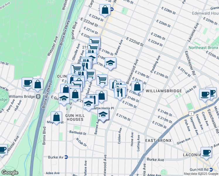 map of restaurants, bars, coffee shops, grocery stores, and more near 3638 Barnes Avenue in Bronx